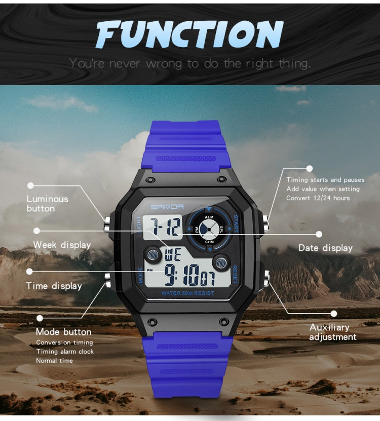 SANDA418 Square Wristwatch Swimming Waterproof Alarm Night light Male Student Watch Simple Fashion Sports Watch